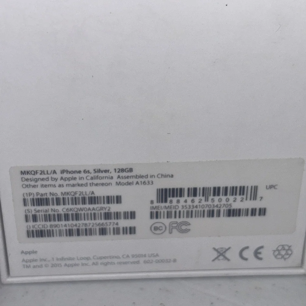 Apple iPhone 6s Silver 128GB A1633 Box‎ ONLY